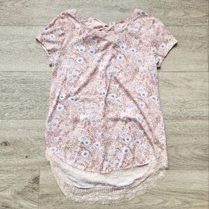 LC Lauren Conrad Pink Floral Lace Shirt Womens Xs Fabric Tie Cottagecore Summer